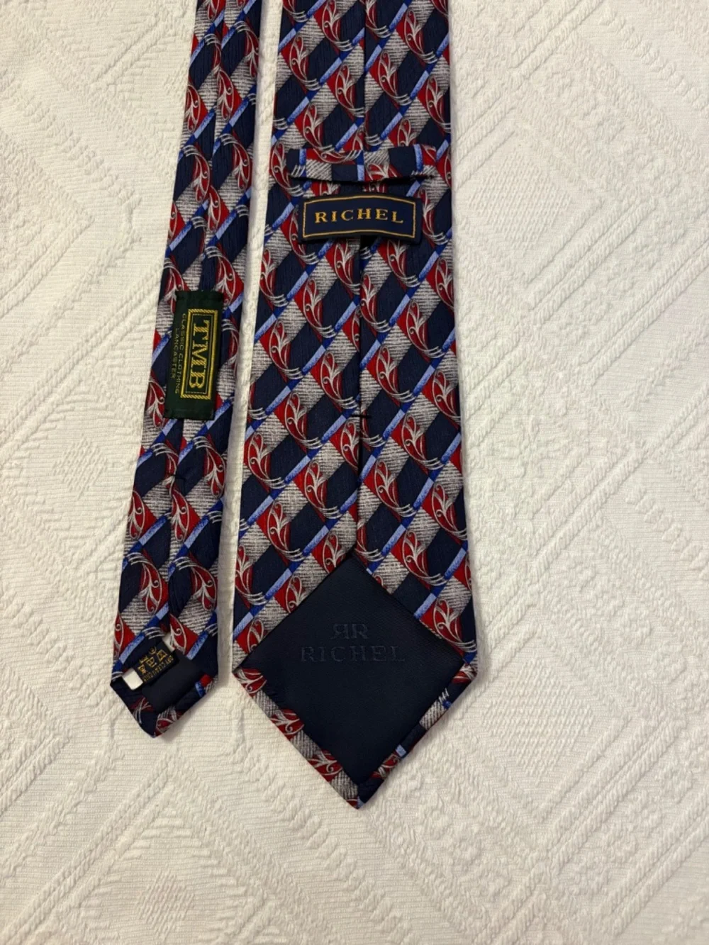 Vintage Richel Handmade Silk Tie Geometric Art Deco Navy Red Silver TMB Men's Ne